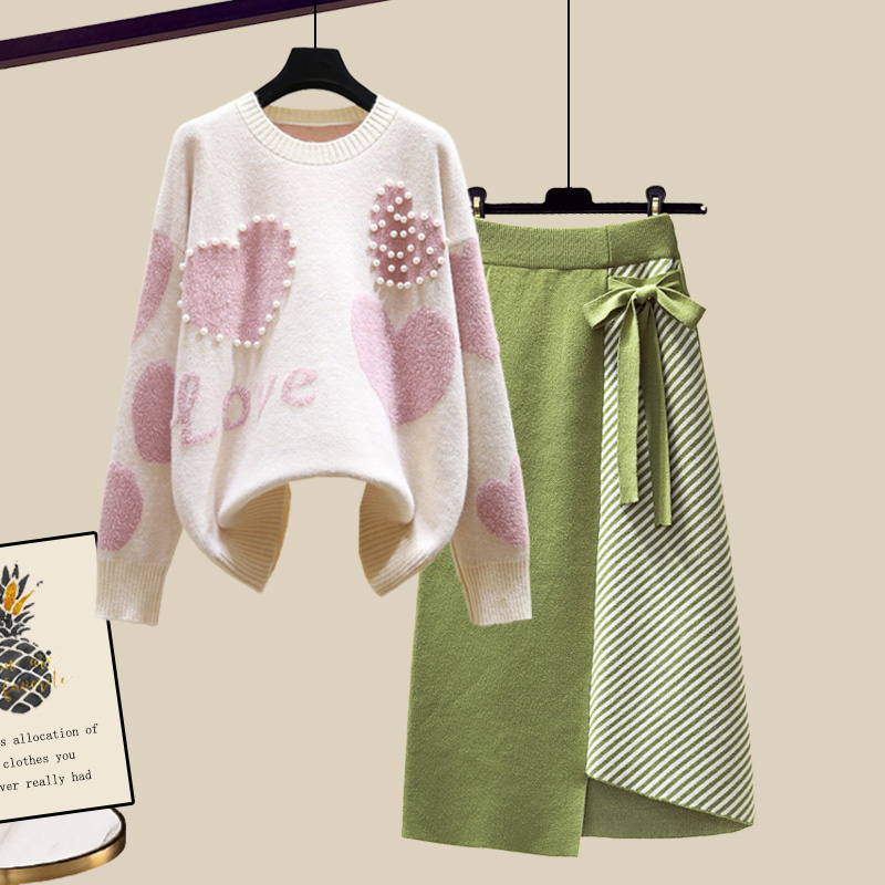 Maxct Lazy Sweater Two Piece set Women Sweet Heart-shaped beaded Pullover Jumper Top + Irregular Striped Skirt Knit 2PCS Sets