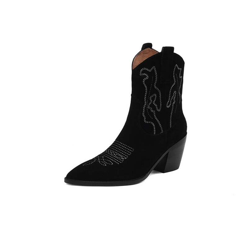 Suede Western Boots Mid Calf Contrast-stitching Cowboy Boots Maxct