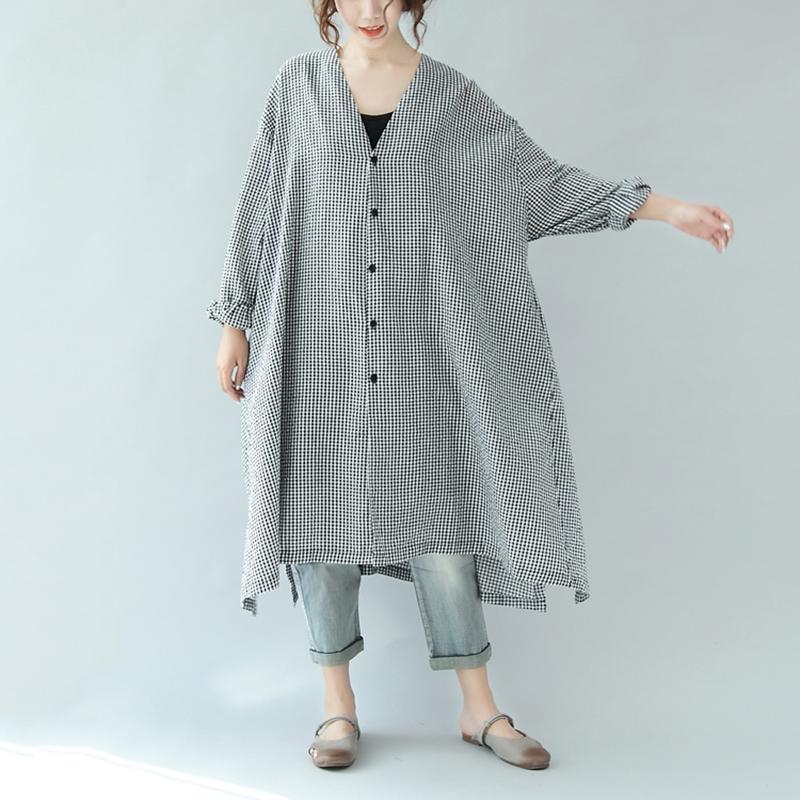 Spring Linen Plaid Casual Loose Long Shirt Dress For Women