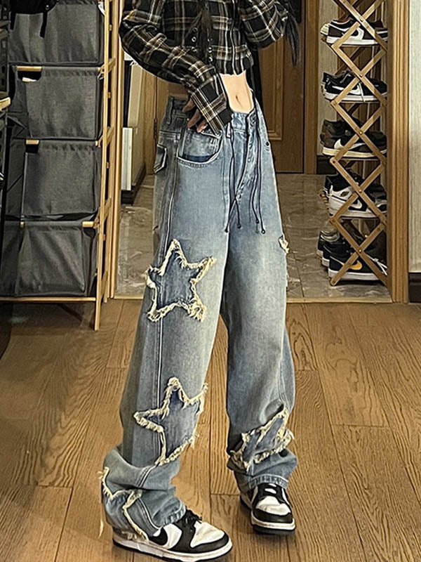 Vintage Wash Distressed Star Patch Boyfriend Jeans Maxct