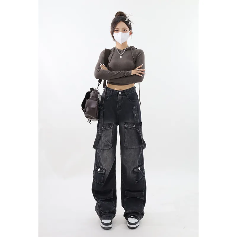 Y2K Emo Korean Vintage Streetwear Black Cargo Baggy Jeans for Women - true deals club