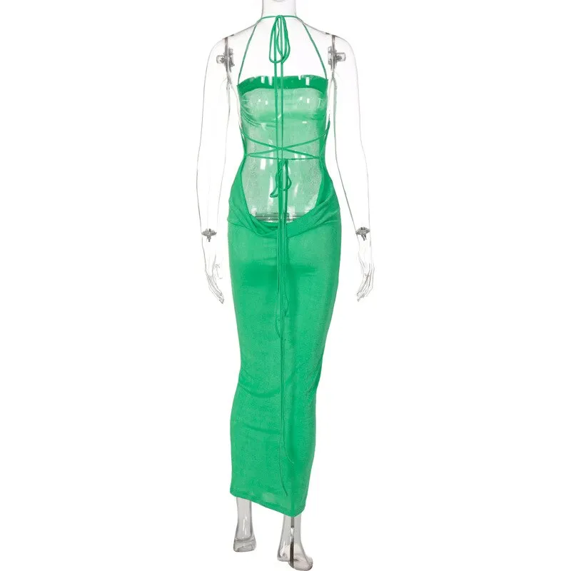 Elegant Fashion Halter Sexy Backless Draped Maxi Dress Women Summer Club Party Long Straps Shift Dresses Clothes