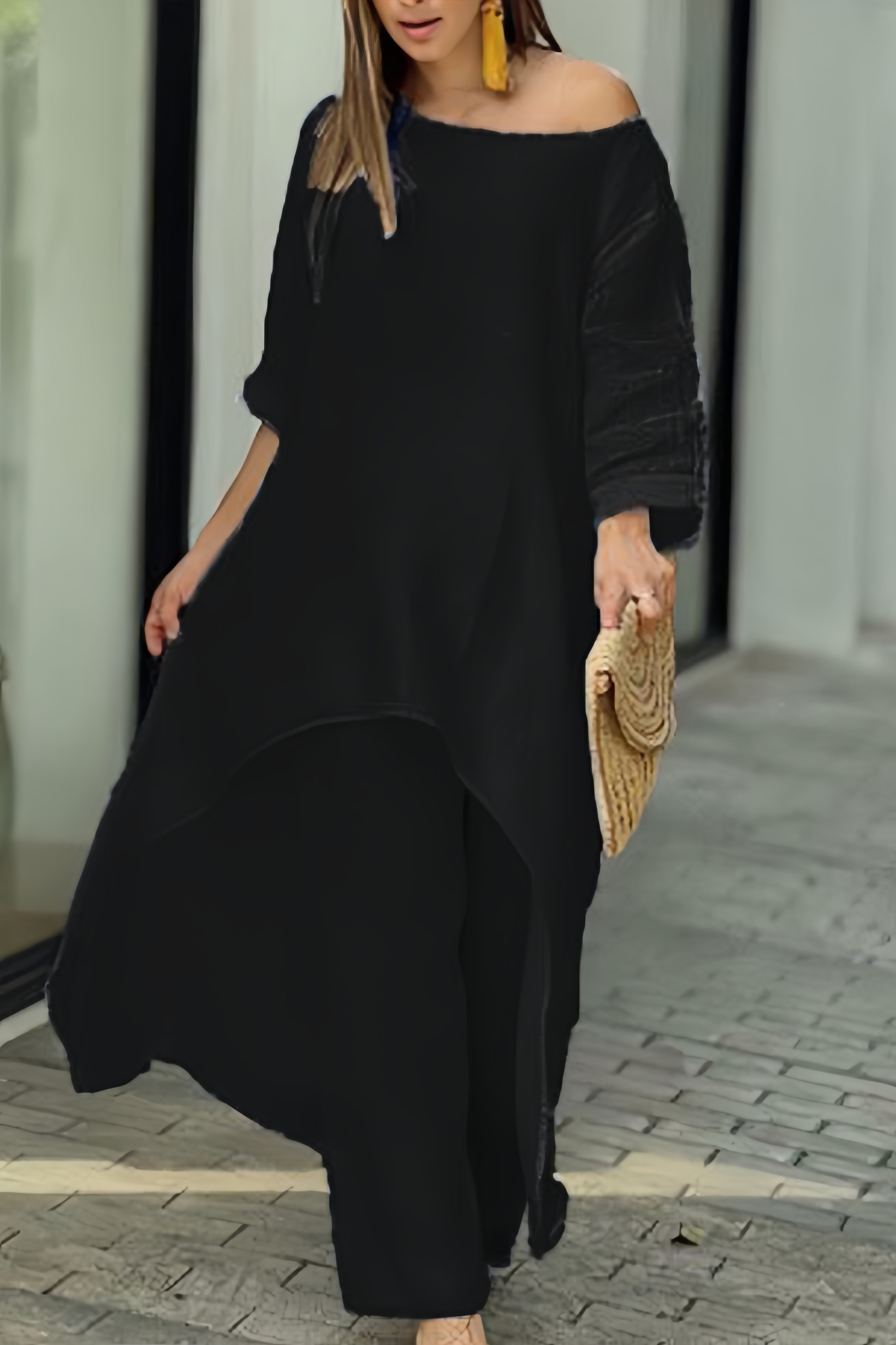 Maxct Cotton Drop Shoulder Irregular Tops Pants Set
