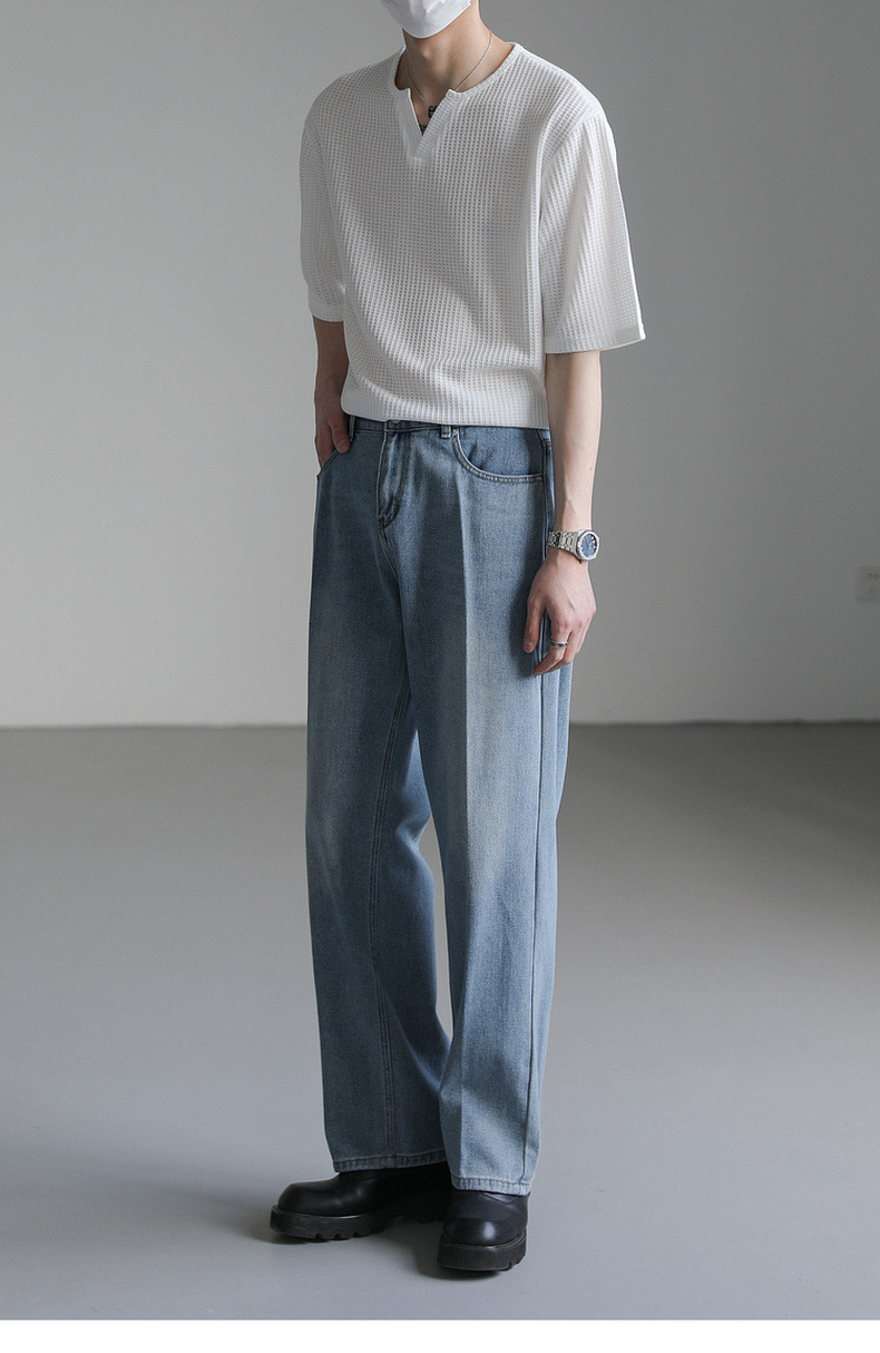 90s Streetwear Summer New Korean Style Loose Small V-neck Short-sleeved T-shirt Men's Fashion Brand Wafflet High-end Sense Half-sleeved T-shirt Top