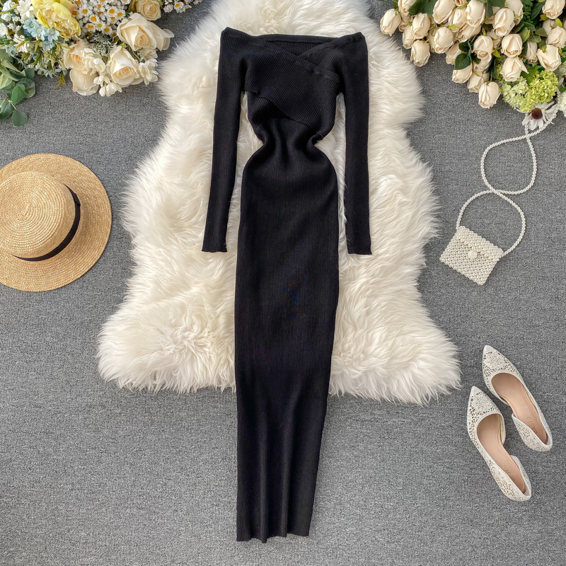 Maxct Slash Neck Knitted Dress Women Sexy Off Shoulder Cross Elastic Warm Dress Autumn Winter Fashion Sweater Bodycon Dress