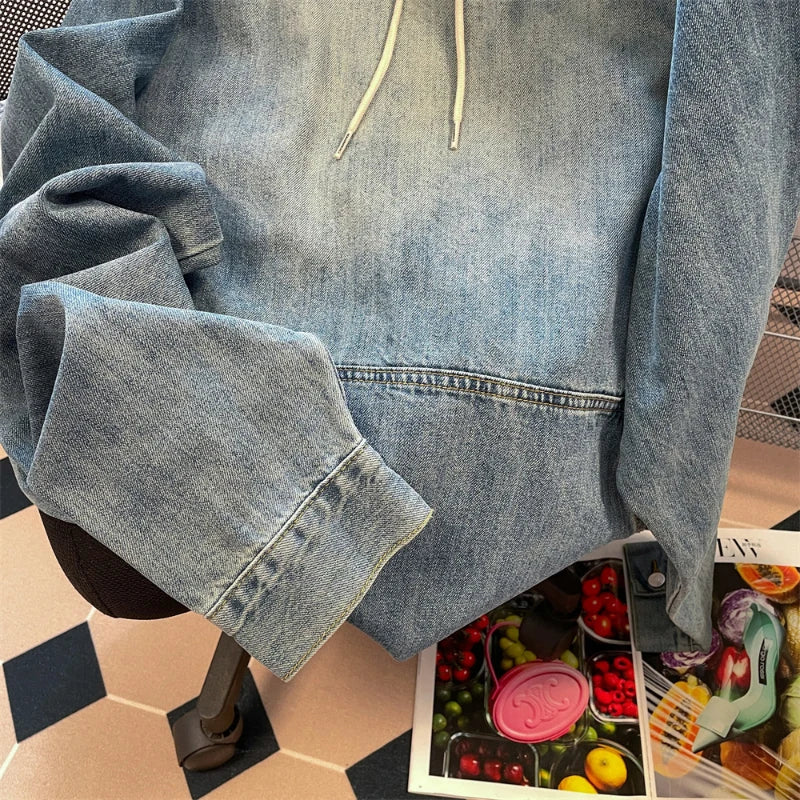 Big Pocket Raglan Sleeve Unisex Vintage Denim Hoodie Maxct