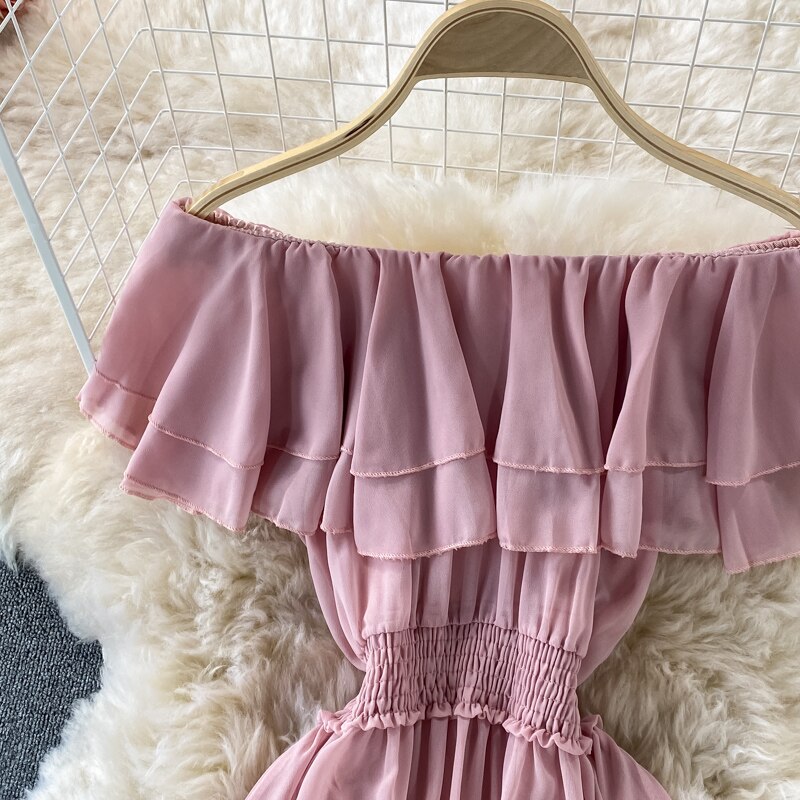 Chiffon Dress Women Sexy Slash Neck Ruffle Robe Elegant Ruffle High Waist Vestidos Female Beach Vacation New