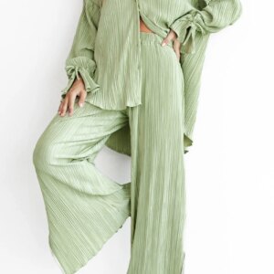 Maxct Pleated Blouse Slit Long Pants Set