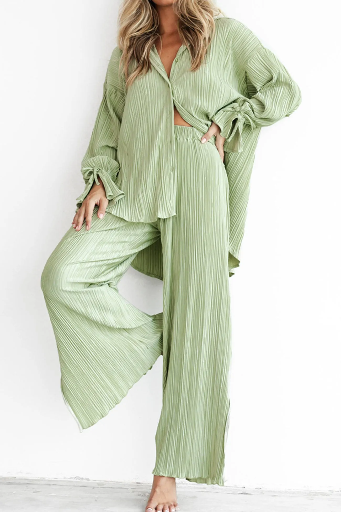 Maxct Pleated Blouse Slit Long Pants Set