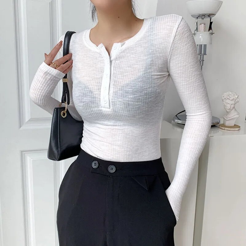 Maxct Spring Thin Cotton T-shirts Tees Women's Elastic Slim Solid Soft Semi-transparent O-neck Tshirt Top Real Photos