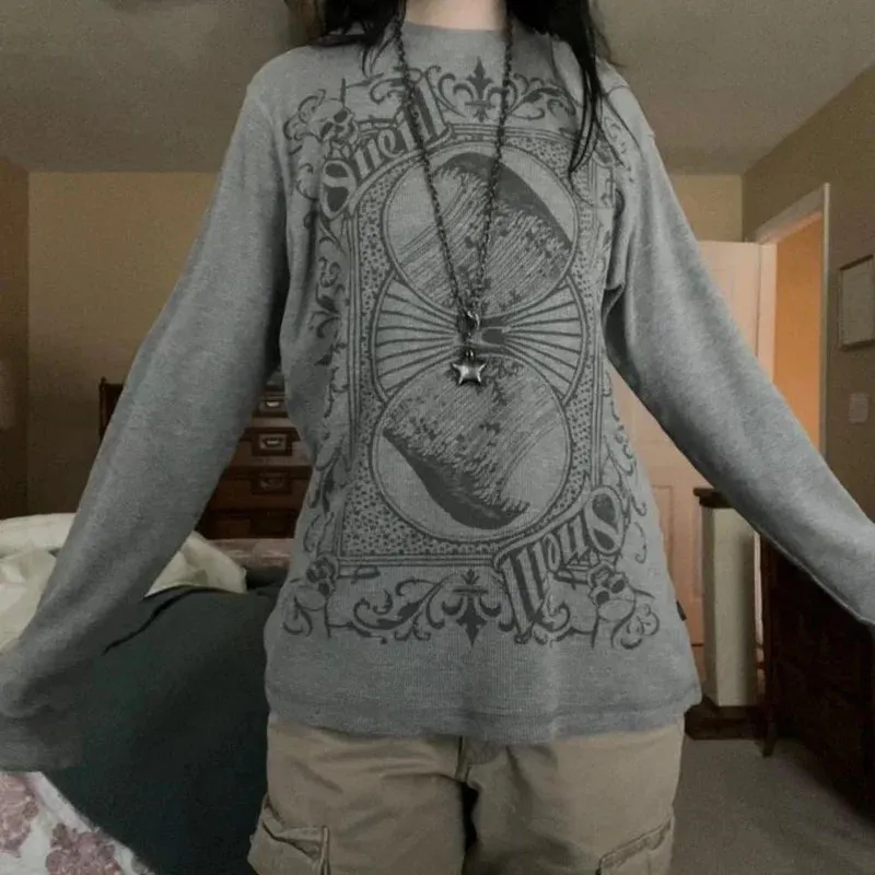 Maxct Mall Goth 2000s Retro Pullovers Tops Vintage Graphics Y2K Loose T Shirt Chic Aesthetic Autumn Long Sleeve Tees Grunge Streetwear
