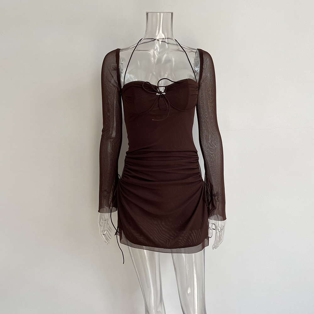 Maxct outfit inspo 6431 Autumn Long Sleeve Solid Color Inner High Waist Square Collar Short Skirt Wrapped Chest Elegant Commuter Waist-Tight Dress