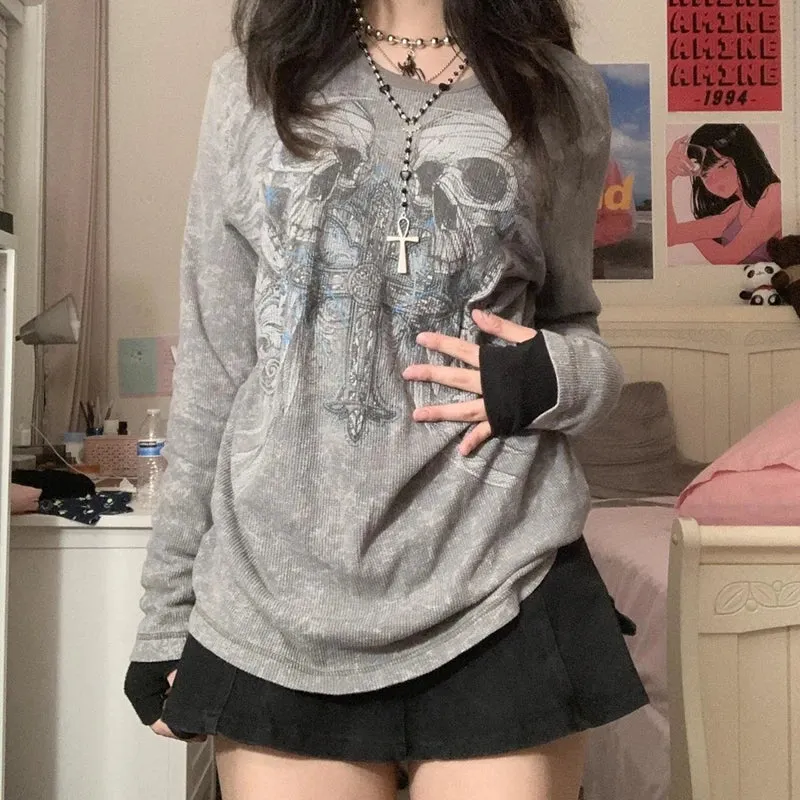 Maxct Mall Goth 2000s Retro Pullovers Tops Vintage Graphics Y2K Loose T Shirt Chic Aesthetic Autumn Long Sleeve Tees Grunge Streetwear
