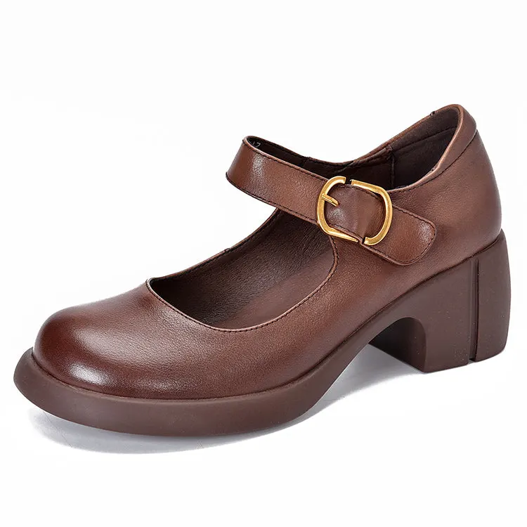 Handmade Pumps Mary Jane Heels Sandalss Round Toe  Retro Velcro Sandals Black/Brown Maxct