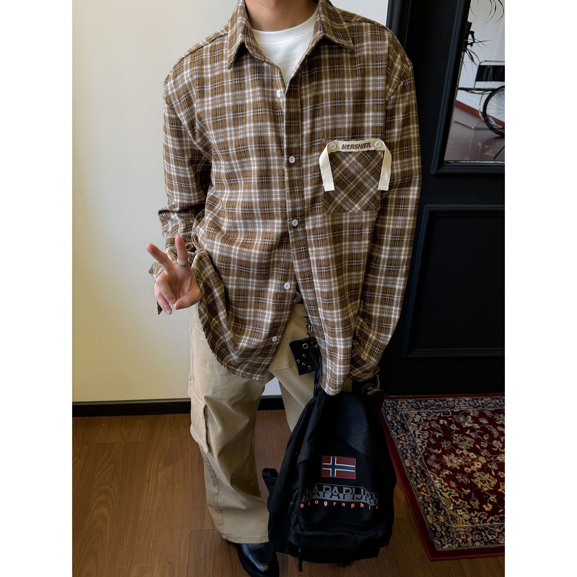 Maxct 90s Streetwear American Style Retro Niche Pocket Design Plaid Shirt Men's Spring And Summer New Loose Casual All-match Jacket Top