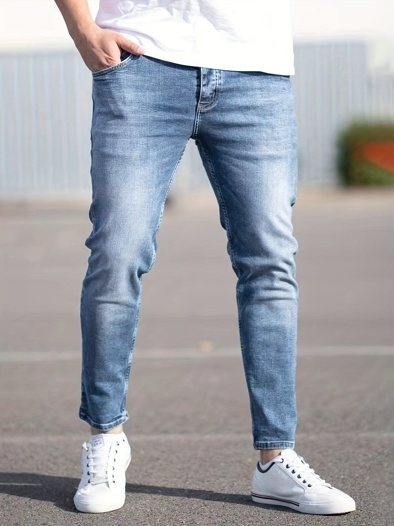Maxct  Light Wash Cotton Slim Fit Jeans, Men's Casual Street Style Mid Stretch Denim Pants For Spring Summer