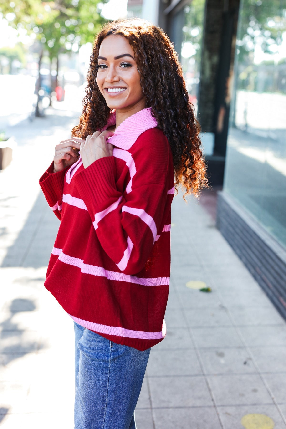 Maxct &Fall For You Crimson Stripe Notched Neck Collared Oversized Sweater