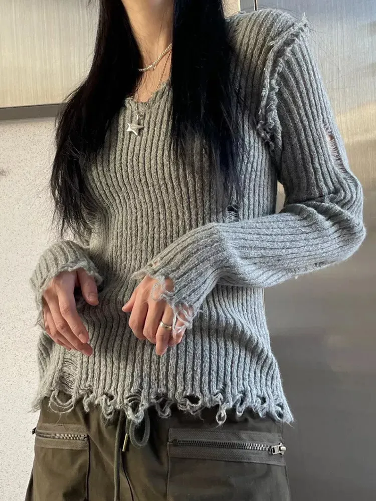 Maxct 2024 Fall Fashion Ribbed Tattered V Neck Sweater