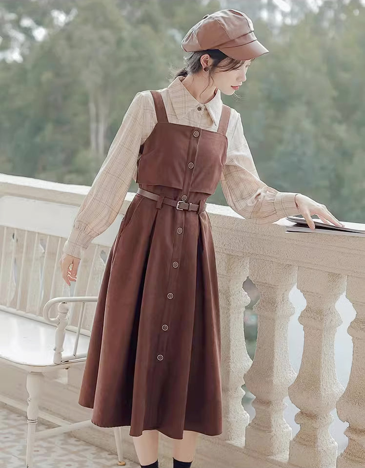 Suede Button Up Cami Pinafore Dress Set Maxct