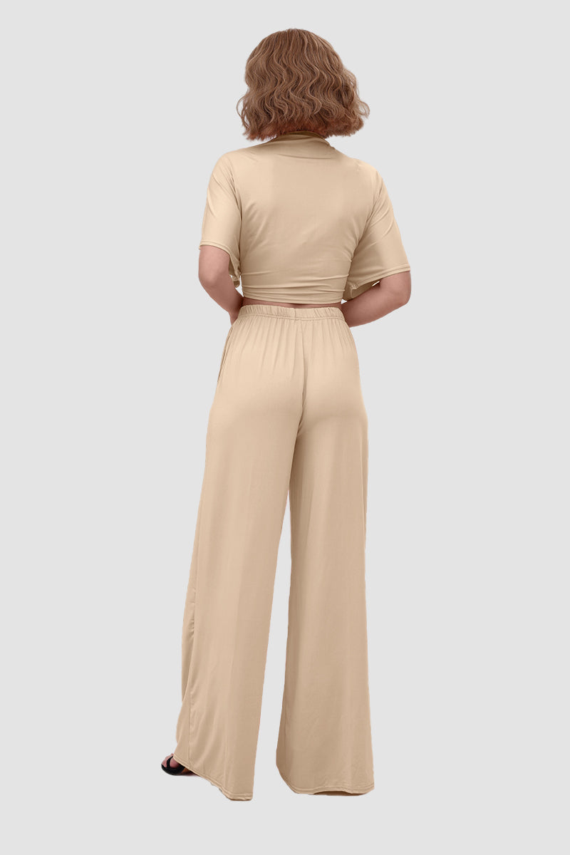Maxct Deep V-neck Top & Elastic Wide Leg Pants
