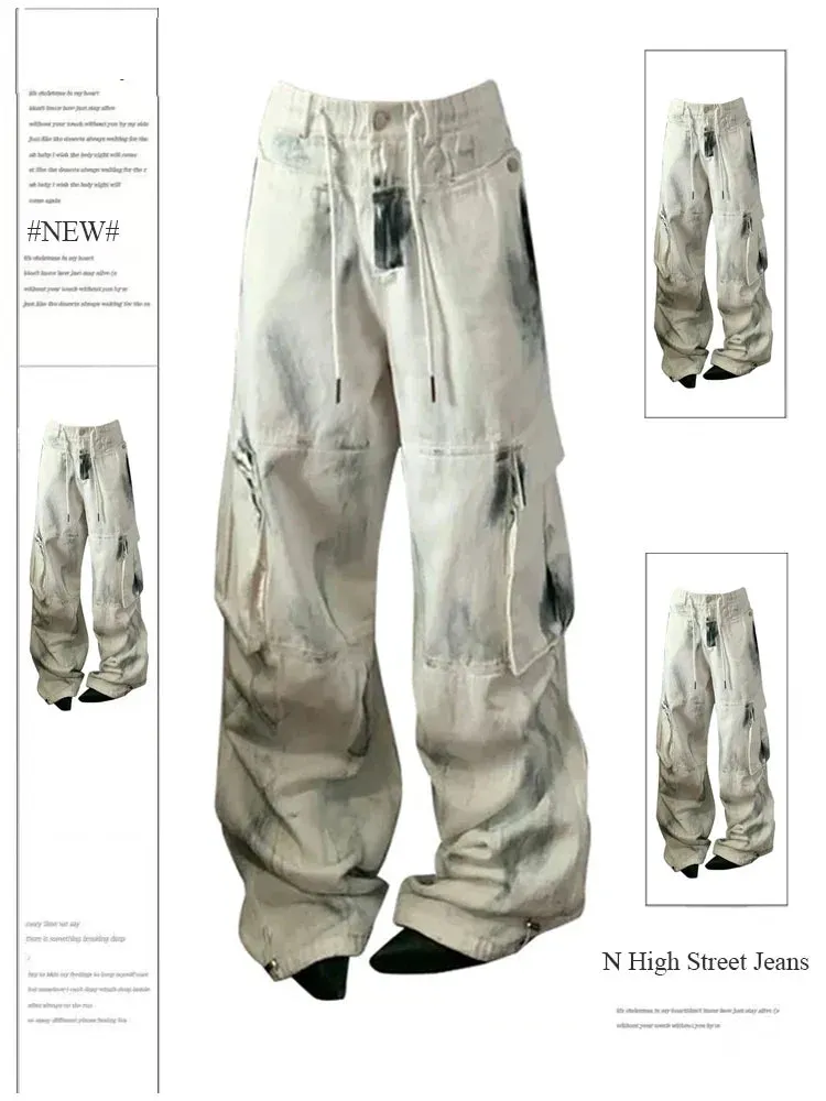Women's White Washed Baggy Cargo Jeans