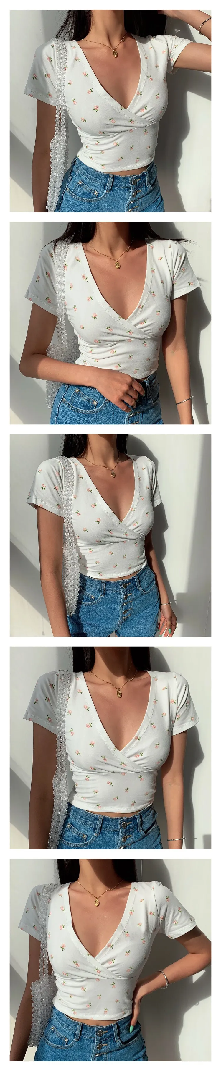 Y2K Vintage Floral Cross Crop Top T-shirt Women Cropped Slim Short Sleeve V-neck Sexy Summer Clothes Tee Shirt Femme Woman Tops