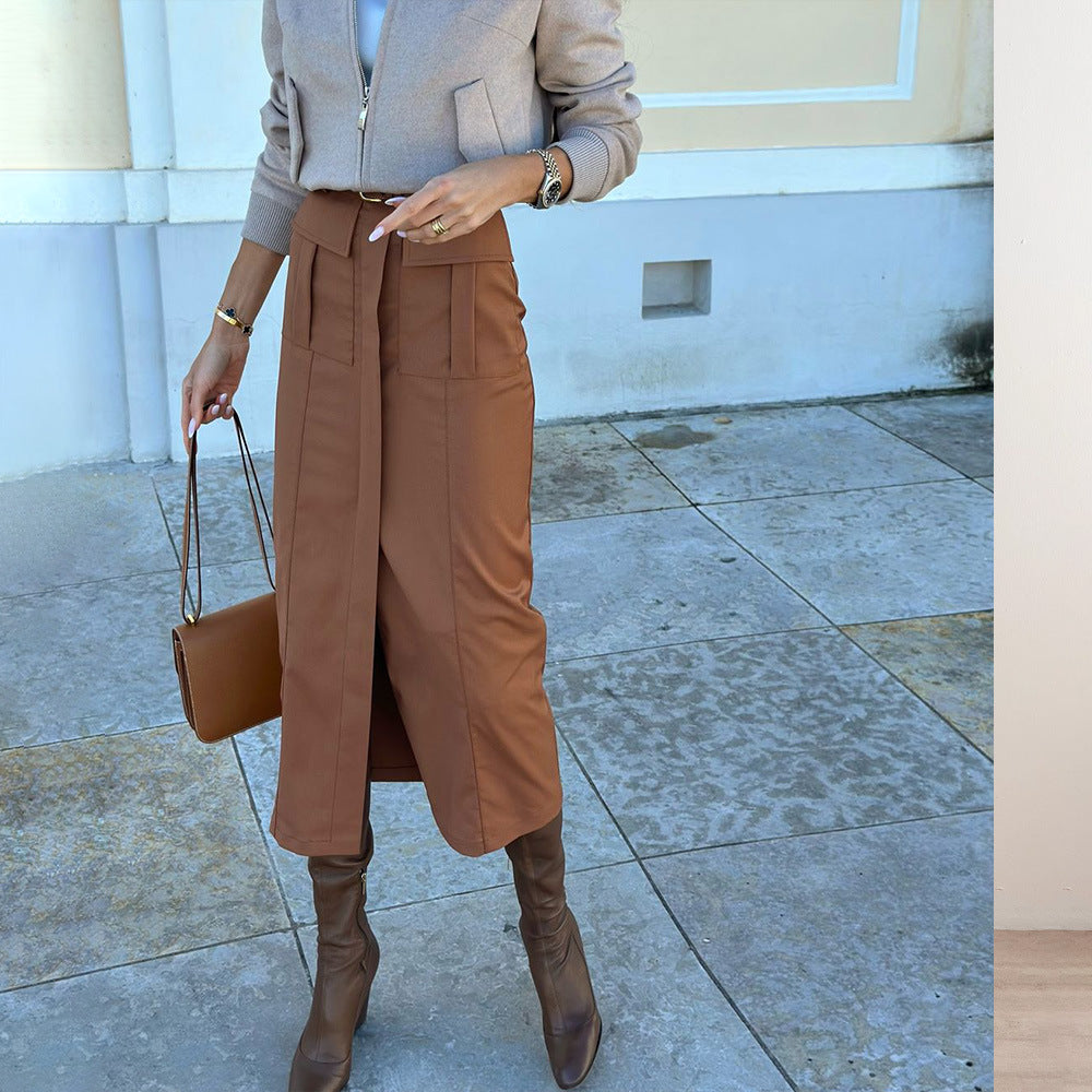 Work Dress: Brown Slit And Body-Hugging Skirt Maxct