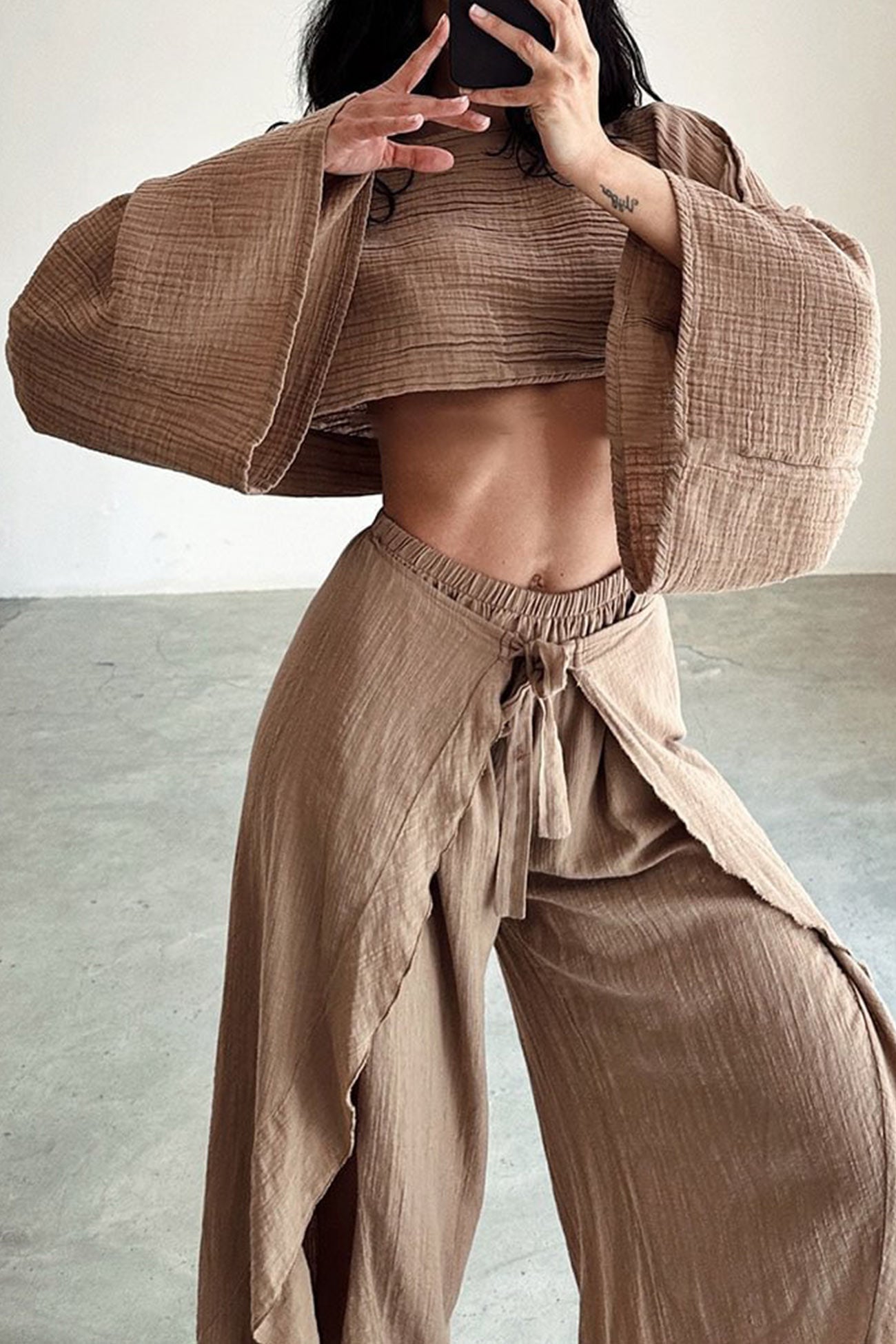 Maxct Solid Crop Top Slit Pants Suits