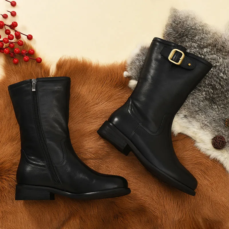 Womens Retro Mid Calf Boots with Short Plush Lining for Cold Winter Black/Blue Maxct