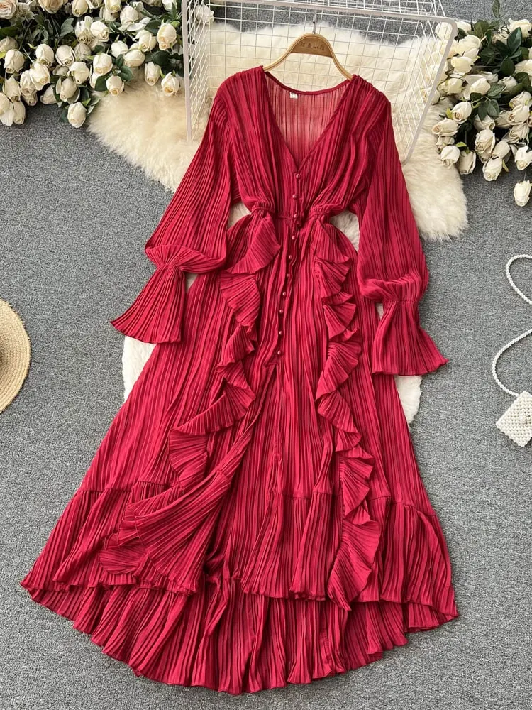 Maxct Maxct Chiffon Pleated Long Dress Women Vintage V-Neck Flare Sleeve Draped Ruffle Vestido Female Maxi Robe Spring Fall 1215-1
