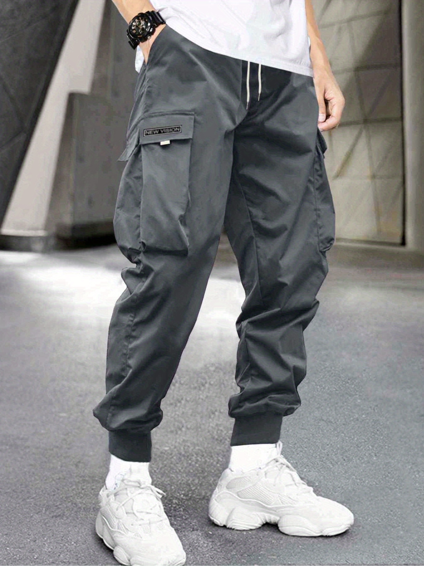 Men's Stylish Letter Graphic Cargo Pants with Flap Pockets - Drawstring Waist for Comfort