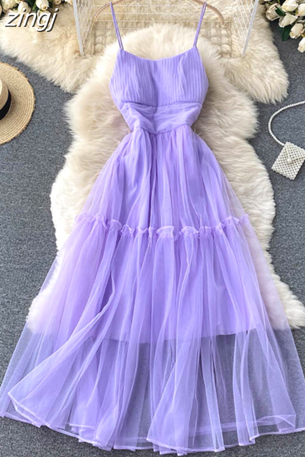 Maxct Women Sexy Mesh Spaghetti Strap Long Dress Summer Orange/Purple/Blue/Pink Ruffle A-Line Beach Robe Female Elegant Party Vestidos