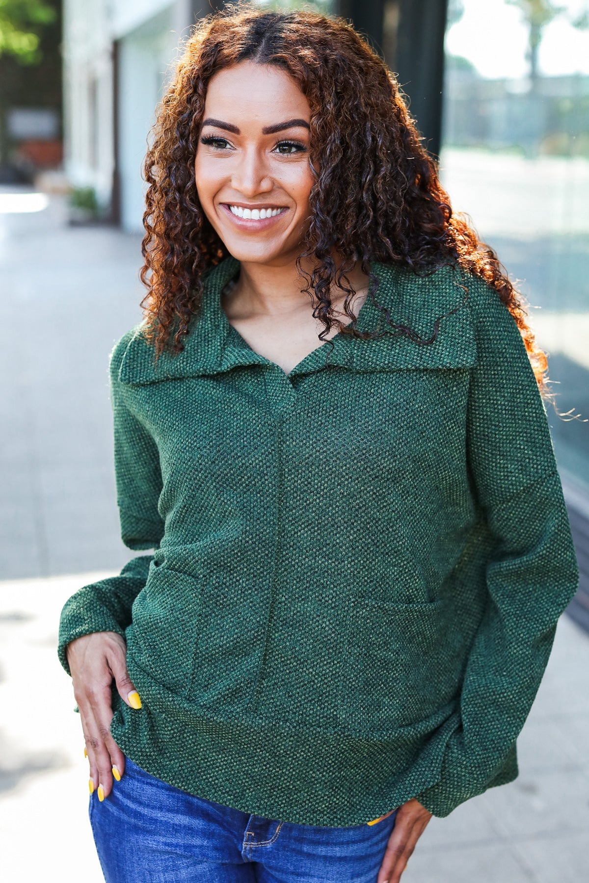 Maxct &Easy Living Olive Textured Knit Notch Neck Oversized Collar Sweater