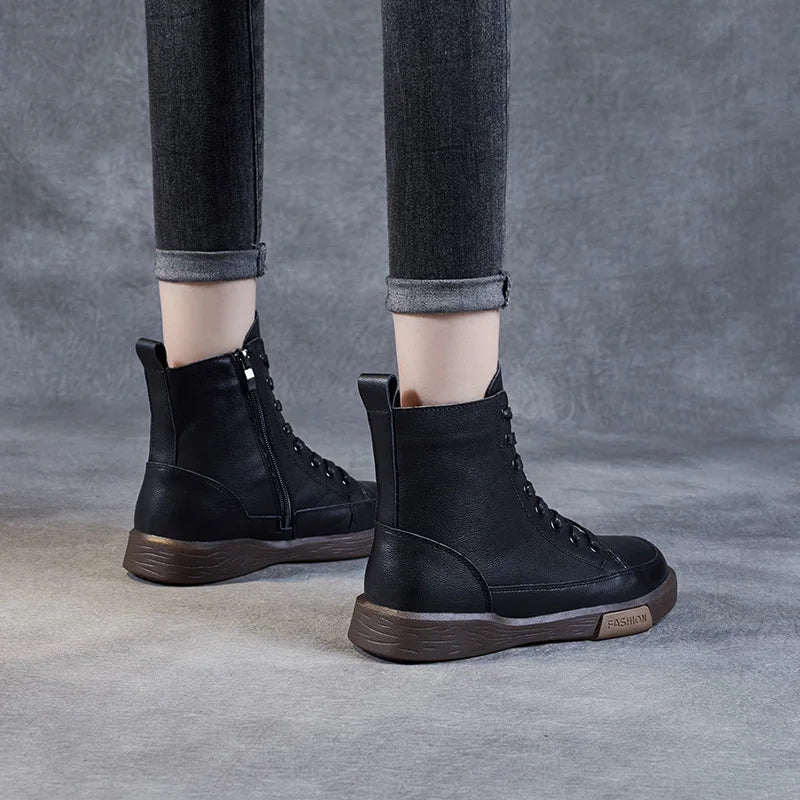Handmade Retro Leather Ankle Boots Women's Winter Flats Maxct