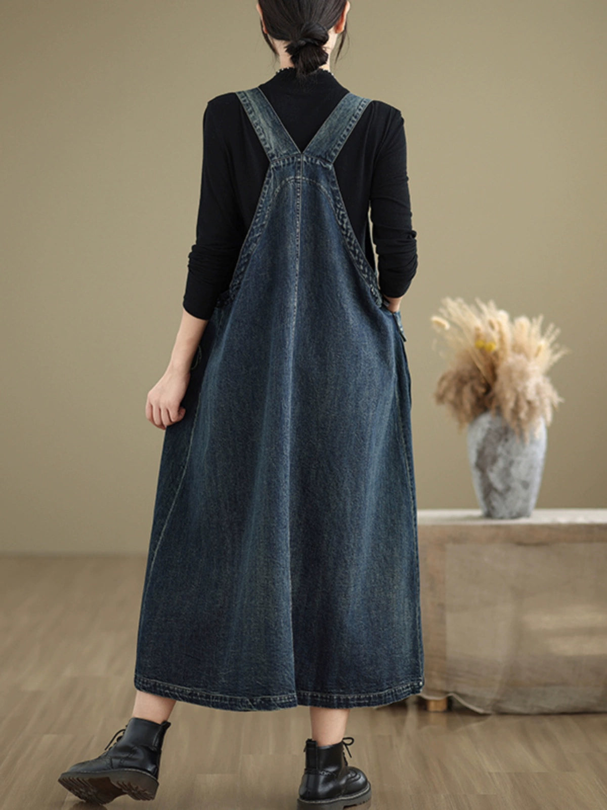 Women Spring Retro Loose Denim Pinafore Dress with Big Pockets