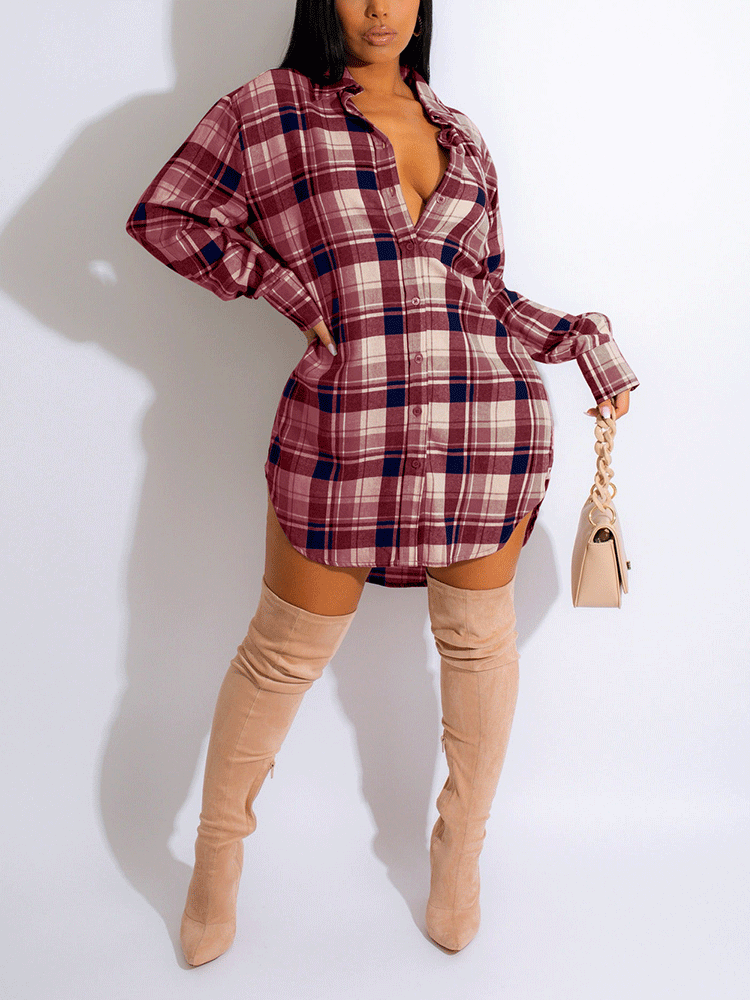 Long Sleeve Plaid Buckle Shirt Dress Maxct