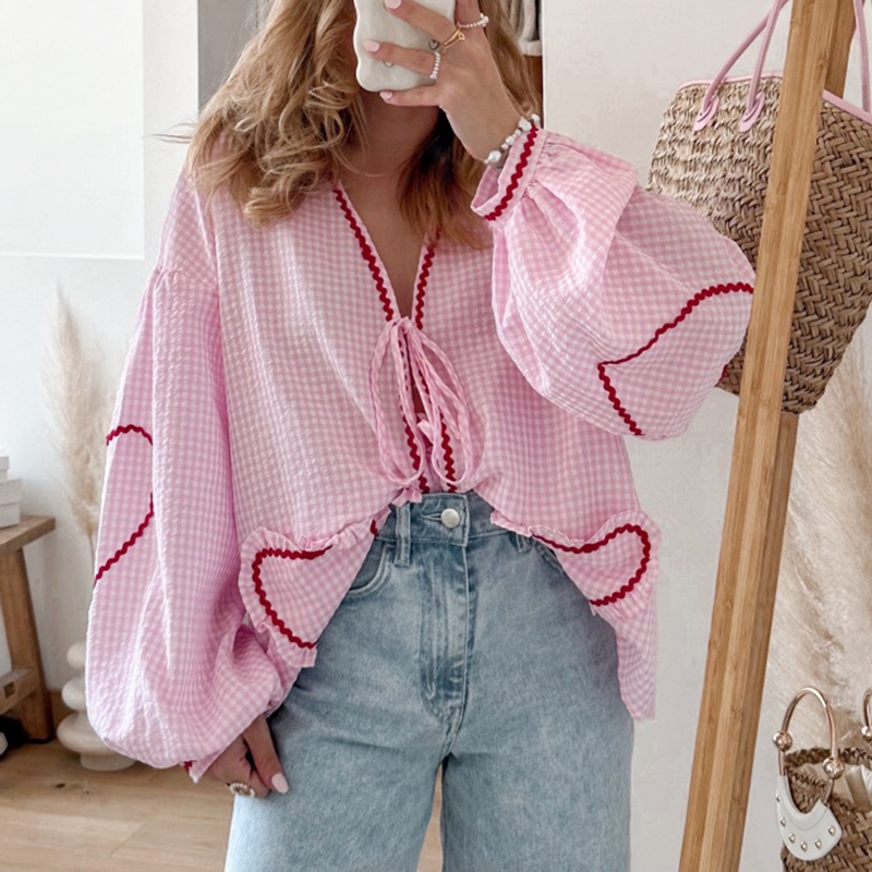 Y2K Vintage Long Sleeve T-shirts Heart Patched Plaid Front Bowknot Tie-Up Blouses Women Fashion Elegant Casual Loose Fit Tops