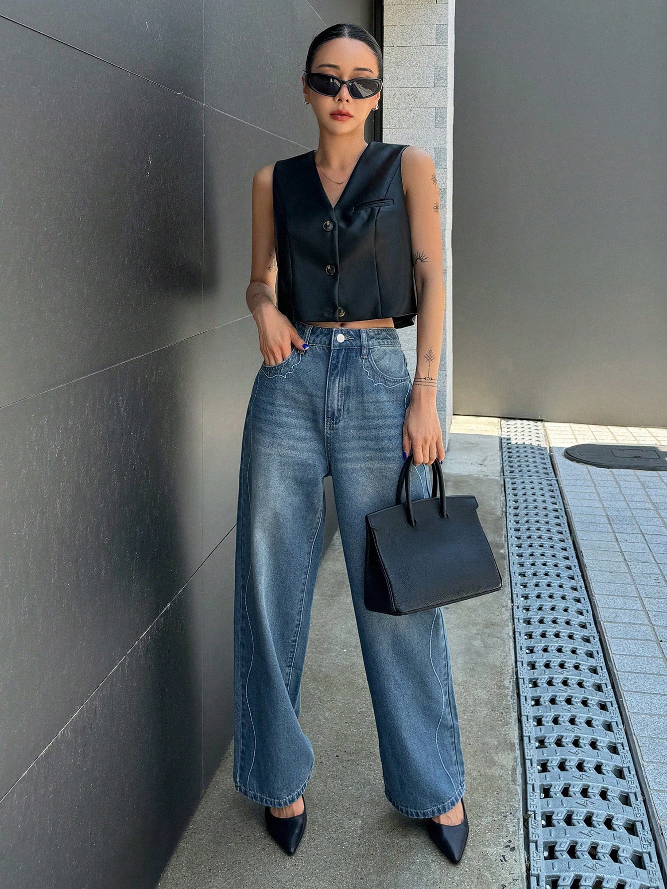 Maxct Women's Relaxed Fit Casual Wide-Leg Denim Pants With Pockets
