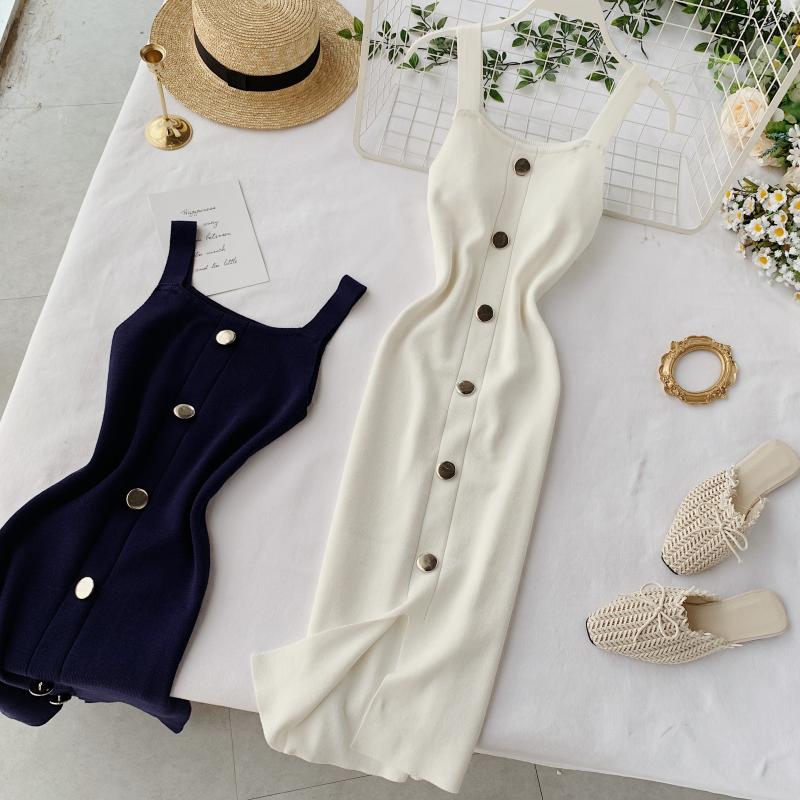 Summer Pink/Red/White/Black Women Knitted Dress Vintage High Waist Button Single-breasted Slim Casual Dress For Female New