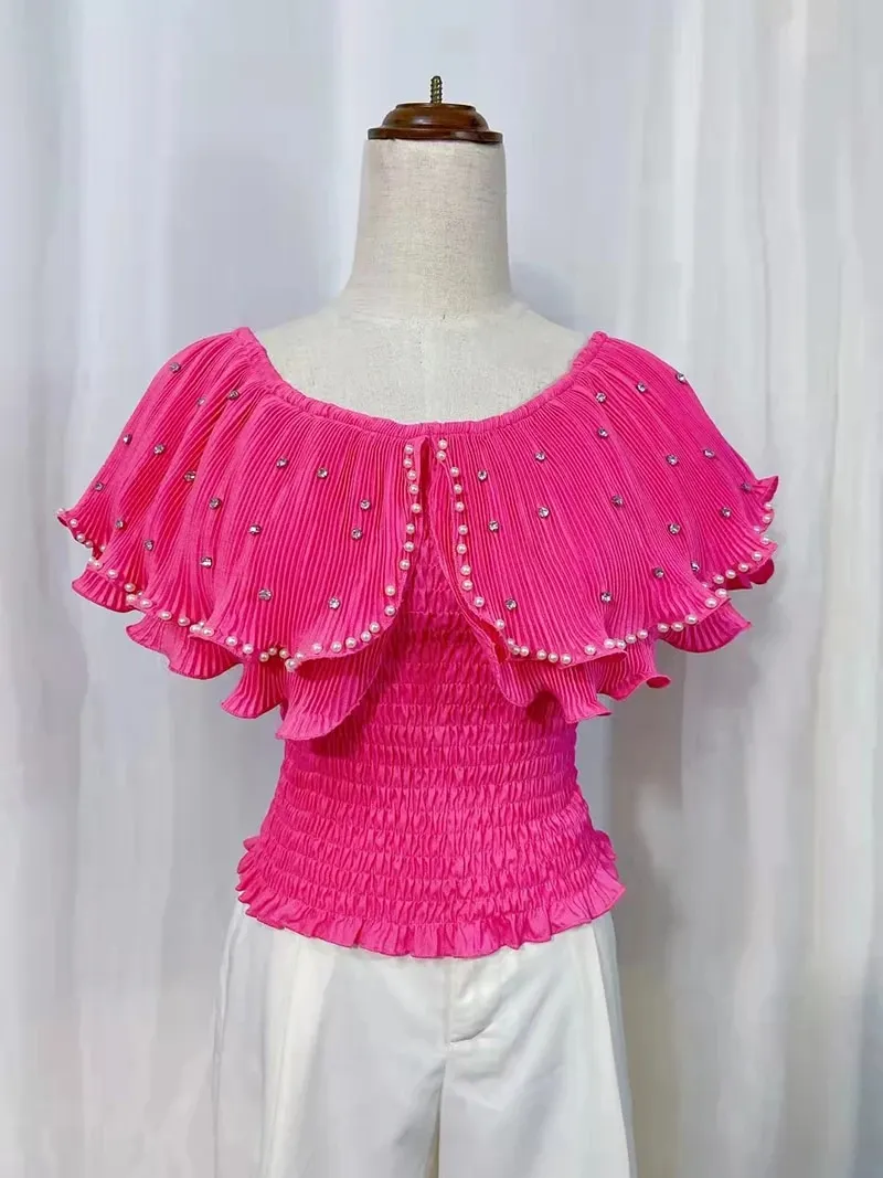 Maxct Sweet Cropped T-shirt Women Beading Ruffles Slash Neck Crop Tops Girls High Stretchy Fashon Tee Shirts