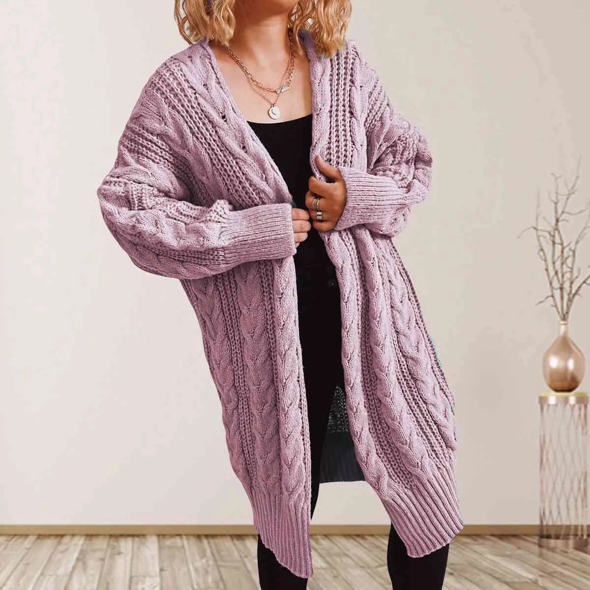 Maxct &Cable-Knit Open Front Dropped Shoulder Cardigan