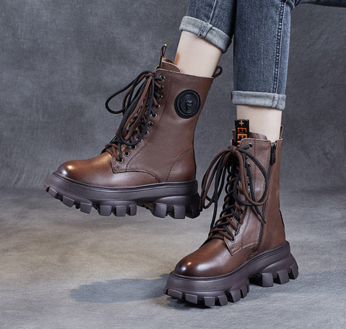 Retro Classic Chunky Heel Leather Mid-Calf Boots for women