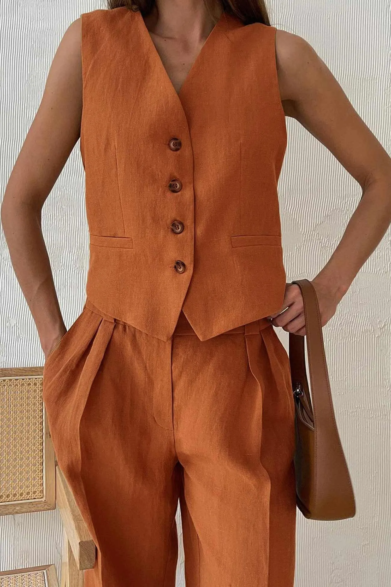 Maxct Cotton Linen Tank Top Pants Suits