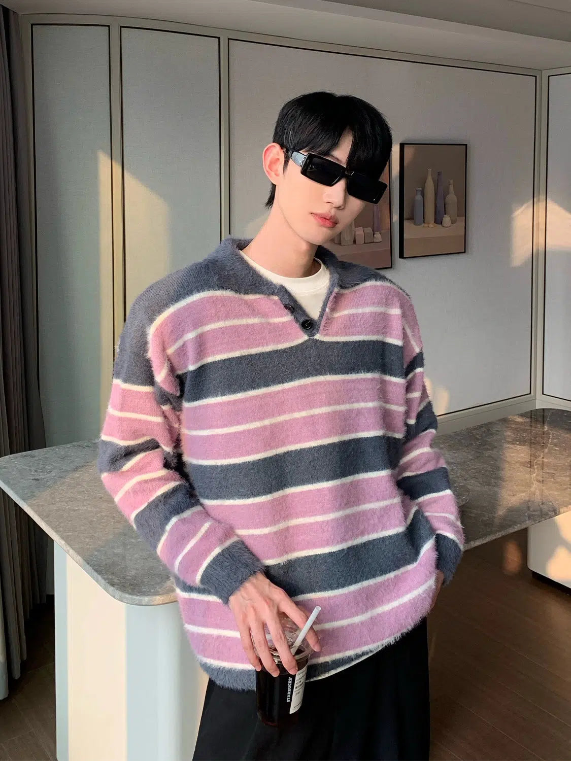 Maxct Faux Mink V-neck Striped Sweater