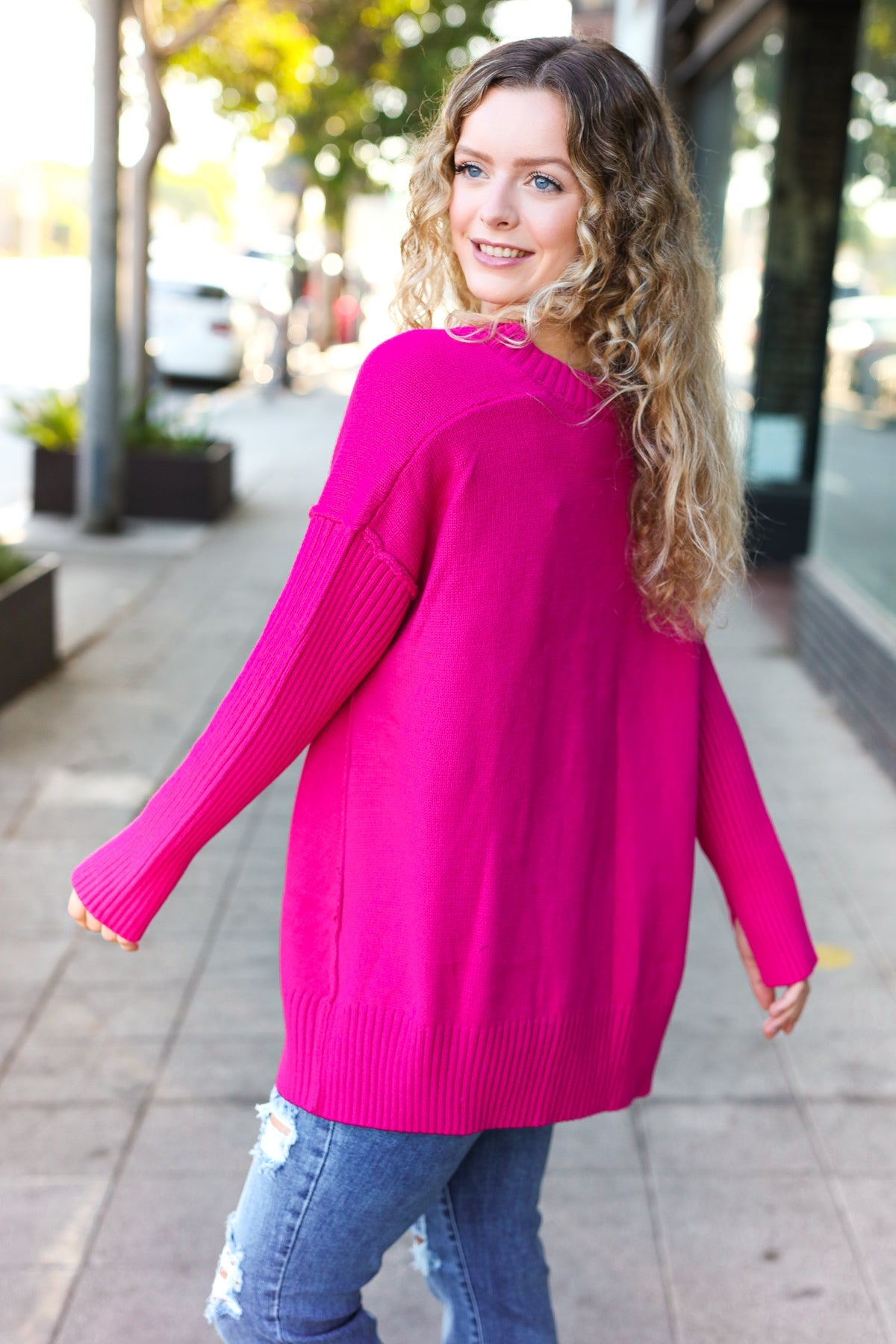 Maxct &Be Bold Magenta Oversized V Neck Rib Knit Sweater
