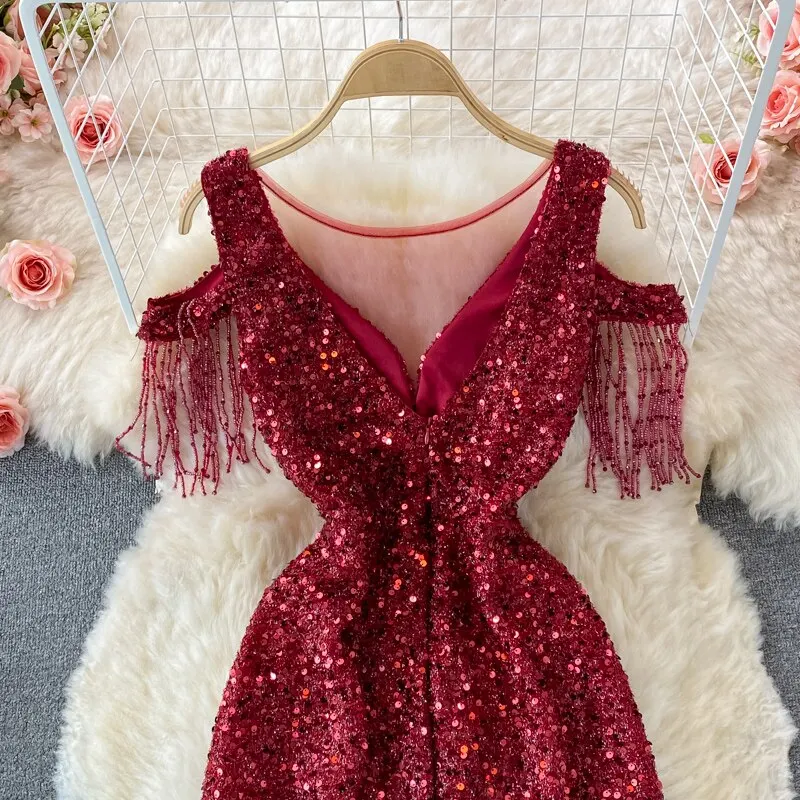 Sequins Party Maxi Dress For Women Sexy V-Neck Short Sleeve High Waist Tassel Long Robe Female Elegant Vestidos