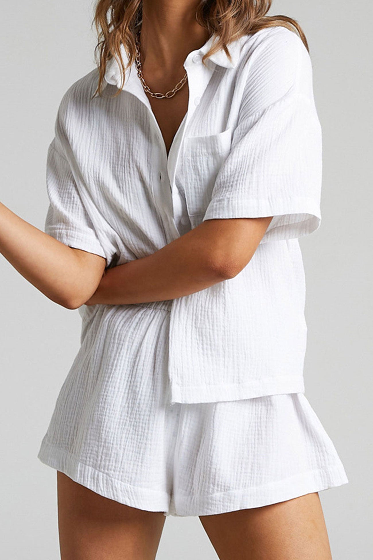 Maxct Solid Color Short Sleeve Shirt Cotton Two-piece Shorts Set