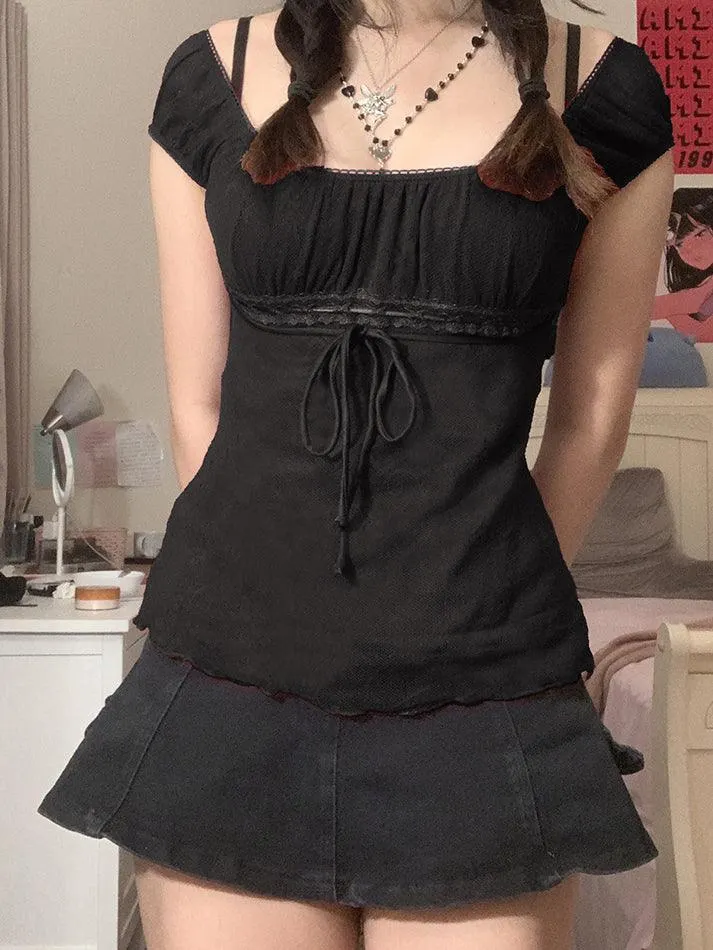 Maxct Vintage Tie Front Lace Trim Blouse