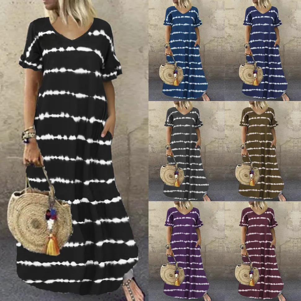 Maxct Maxct Summer Dress Wishv-Neck Lotus Sleeve Striped Print Dress Plus Size Casual Dress