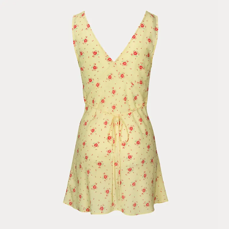 French Style Chic Elegant Floral Print Mini Dress Summer V-Neck Sleeveless Backless Tie-up Slim Fit A-line Dress Women Holiday